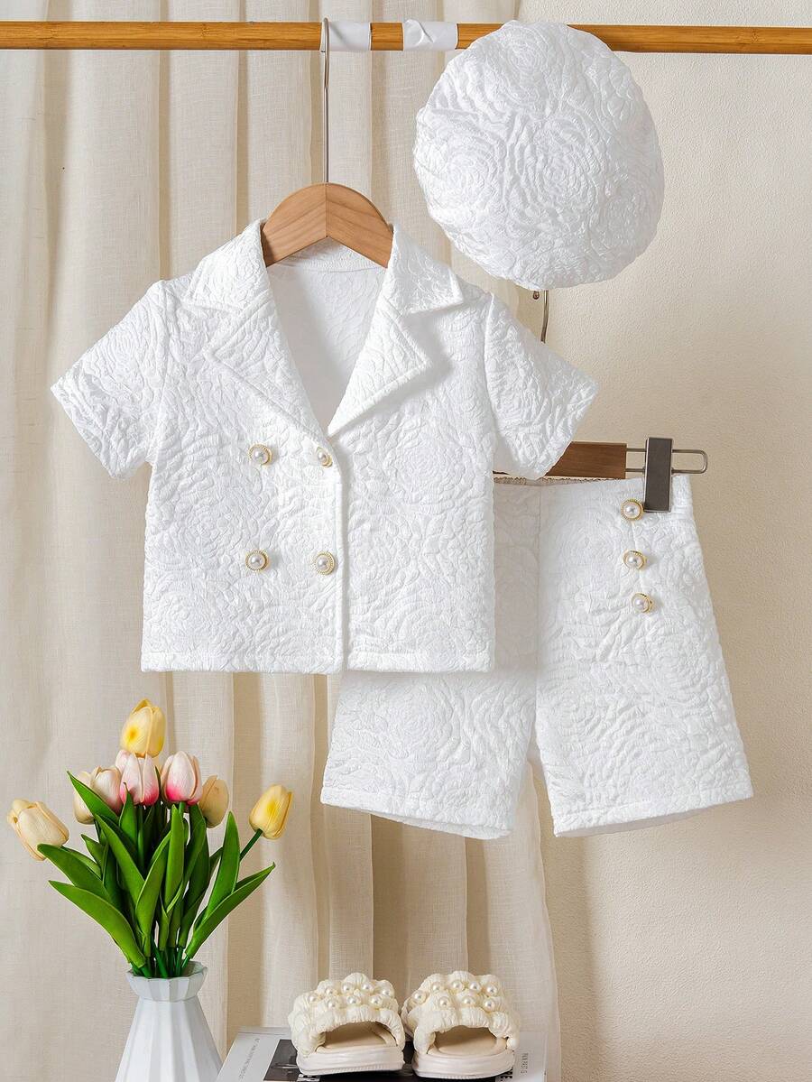 4-7岁女童白色三件套西装，优雅衬衫+短裤+帽子，经典儿童正装，提花面料，复古时尚，适合节日、生日、拍照、春夏穿着。 - 白色 - 查看 1