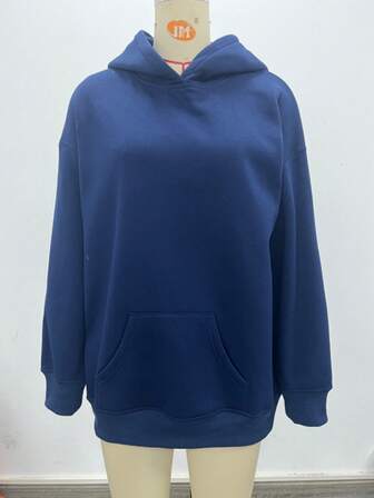 Moletom com capuz, bolsos, punhos e barra em ribana, manga longa, forrado, azul marinho, casual, para uso diário em casa, outono, inverno, Natal