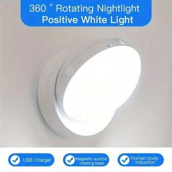 1 pieza - Luz nocturna de inducción recargable por USB con sensor de movimiento de 360°, luz LED portátil magnética apta para dormitorio, cocina, armario y pasillo. Disponible en 3000K blanco cálido y 6500K blanco frío. Sensor corporal humano (se enciende automáticamente a menos de 5 metros), iluminación sin ángulos muertos de 360°