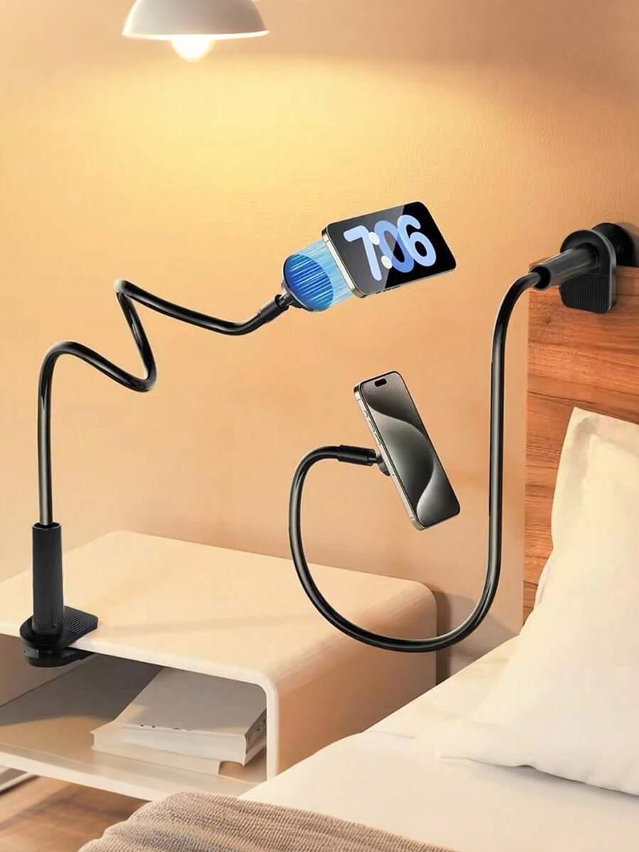 兼容 16/15/14/13/12 强力吸附鹅颈手机支架 - 强力吸盘手机平板通用支架桌面夹 360° 旋转可调节多功能支架桌面车载浴室手机支架 - 黑色 - 查看 1