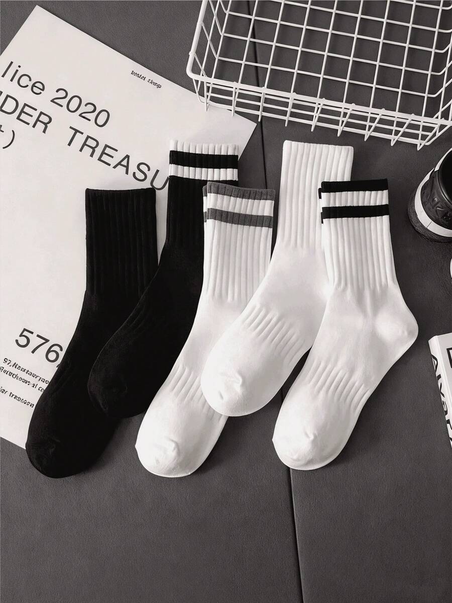 5-Pack Men's Striped Crew Socks: Sleek Black & White Hues, Ribbed Details To Elevate Casual And Athletic Styles - 中筒襪 - 查看 1