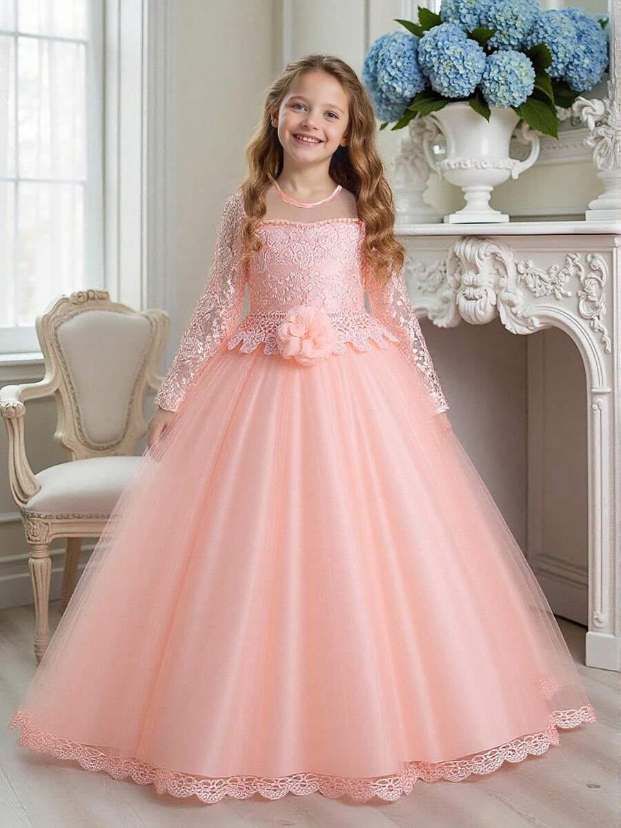 Tween Girl Long Solid Color Lace Tulle Satin Elegant Formal Dress, Suitable For Attending Balls And Formal Dinners, Does Not Include Headband - 淺粉色 - 查看 1