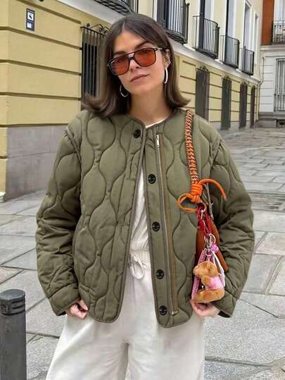 Chaqueta acolchada y acolchada verde para mujer, de corte holgado, informal, con cremallera frontal, cuello redondo y bolsillos, para otoño e invierno