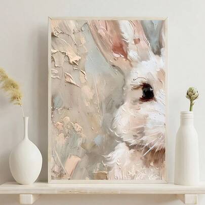 1幅粉彩兔子油画墙饰，腮红春白兔复古复活节油画印刷品，复活节篮子墙饰，乡村风彩蛋和野花艺术印刷品，中性农舍装饰，卧室装饰，客厅装饰，办公室装饰，厨房装饰，墙饰，墙面装饰，家居装饰，房间装饰，帆布墙饰，海报，带框墙饰，可选画框