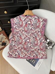 GMFP Women's Casual Elegant Fashion Printed Quilted Collarless Patchwork Pink Cardigan Vest, Women Winter Vest, New Year/Valentine's Day - Pink - View 3