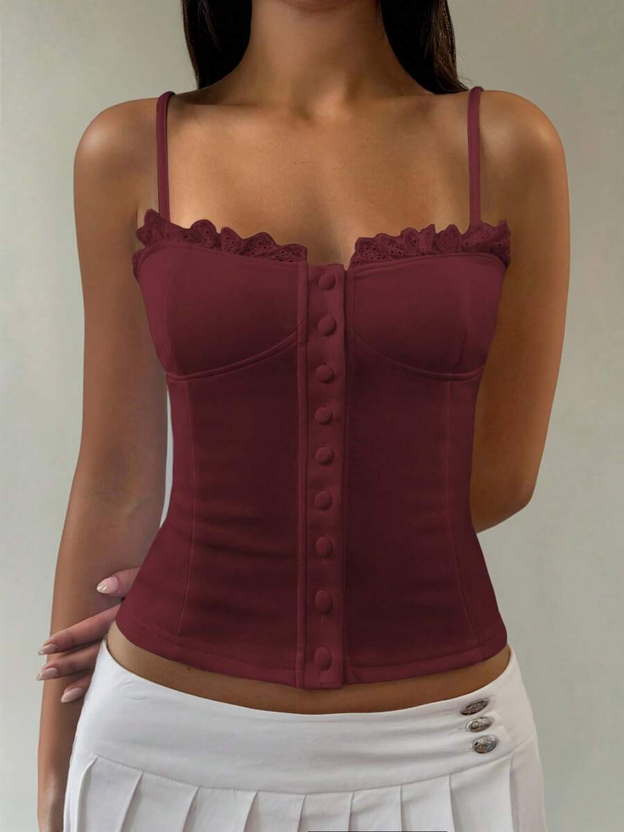 Sunny Girly Fall Women Clothes Y2k Back To School A Sexy And Pure Style Button-Down Front Button-Fitted Halter Top Romantictops Going Out Tops Women - Burgundy - View 1