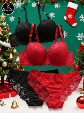 两套四件装欧美风女士内衣套装，超细纤维文胸带钢圈和不可拆卸衬垫，蕾丝后背钩扣，可调节肩带，低腰三角裤