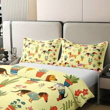 % Cotton Pink Dachshund Comforter Cover, Flower Floral Bedding Set, Kawaii Sausage Dog Duvet Cover, Lovely Puppy Quilt Cover, Soft Comfy, Dachshund Bedding - 黃棕色 - 查看 5