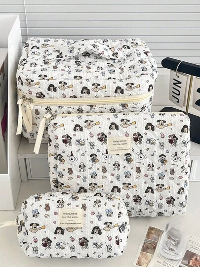 快乐小狗化妆包，柔软布艺拉链化妆袋，可爱时尚，适合居家、旅行、通勤、日常使用，女士便携式收纳包