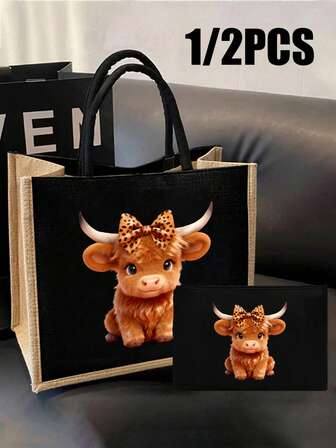 高地奶牛印花黑色亚麻手提包，可爱蝴蝶结豹纹设计，高地奶牛图案，大容量化妆包，带手提绳，圣诞礼物，黑色亚麻零钱包，黑色方格购物袋，化妆包，采用艺术字母和图案印花设计，适合女性日常使用，可用作便捷购物袋。教师节感谢礼物，女士亚麻大容量手提袋，手提袋和化妆包套装