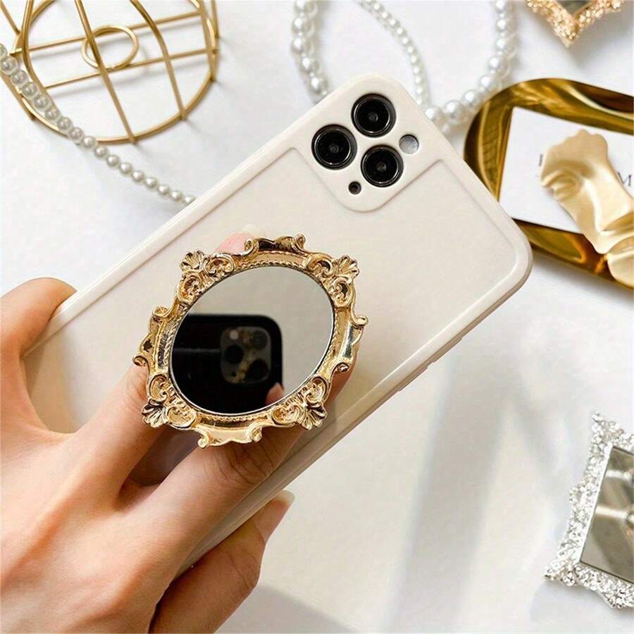 1pcs European Retro Pattern Mirror Creative Phone Cushion Stand, Adhesive Foldable Lazy Desktop Round Mirror Stand, Perfect Phone Gift, Phone Stand, Phone Holder, Phone Accessories, Phone, Room Mirror Phone Stand - Gold - View 1