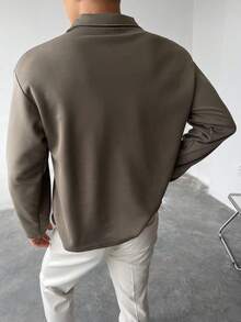 WAIT HIM Men's Solid Color Lace-Up Design Casual Long Sleeve Polo Shirt - Dark Grey - View 5