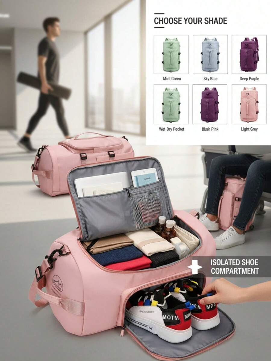 Large Capacity Travel Backpack With Shoe Compartment, Water-Resistant Cylinder Gym Duffel Bag, Convertible Sports Weekender Overnight Bag For Men & Women - Multicolor - View 1