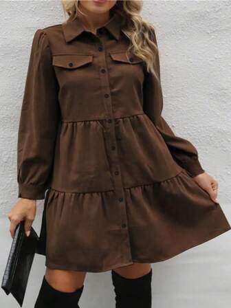 女士纯色泡泡袖单排扣休闲衬衫裙，秋季