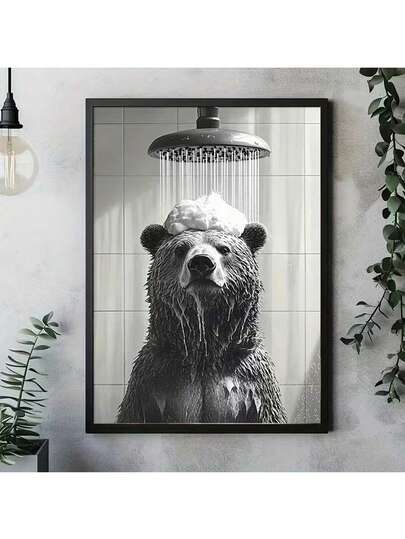 CPWAD 1pc Frameless Bear Printed On Shower Canvas - Modern Bathroom Wall Decoration, Humorous Animal Art With Shower Heads, Black And White Shower Scene Poster, Suitable For Cabins, Wooden Houses, Families - Animal Lovers, Cabin Decoration, Interesting Art, Quality Printing, Nature-Inspired Decoration