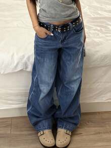 Women's Vintage Loose Straight Leg Baggy Jeans - Dark - View 2