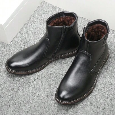 男士冬季靴，保暖舒适，防滑耐穿，侧拉链，拼接鞋面，复古风格，户外雪地靴
