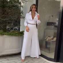 2025 New European And American Women's Fashion Low Neck Long Sleeve Slimming Wide Leg Solid Color Two-Piece Set - trắng - Xem 2