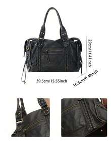 2025 Fashion Women Bag, Y2K Retro Motorcycle Bag, Soft Leather Large-Capacity Handbag, Wasteland Style Tote Bag, Ladies Shoulder/Crossbody Bag, Ultra-Soft Fabric, Bohemia Style Bag For Women, 2000s Fashion Style Bag For Women, Vintage Bag For Women, New Fashionable Big Bags For Women, New Arrival Tote Bags For Woman - 黑色 - 查看 10
