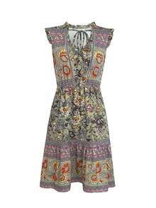 Váy đi nghỉ mát thường ngày họa tiết Paisley toàn thân mới thời trang, viền xếp nếp, phía trước xoắn dành cho nữ - Màu Khaki - Xem 6