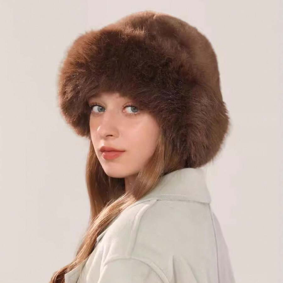 Ladies Fall Winter Plush Beanie Thermal Slimming Face Universal Imitation Mink Earmuff Fisherman Hat Lightweight Pile Fabric Headgear For Daily Outfit Windproof Design Fashionable - Coffee Brown - View 1