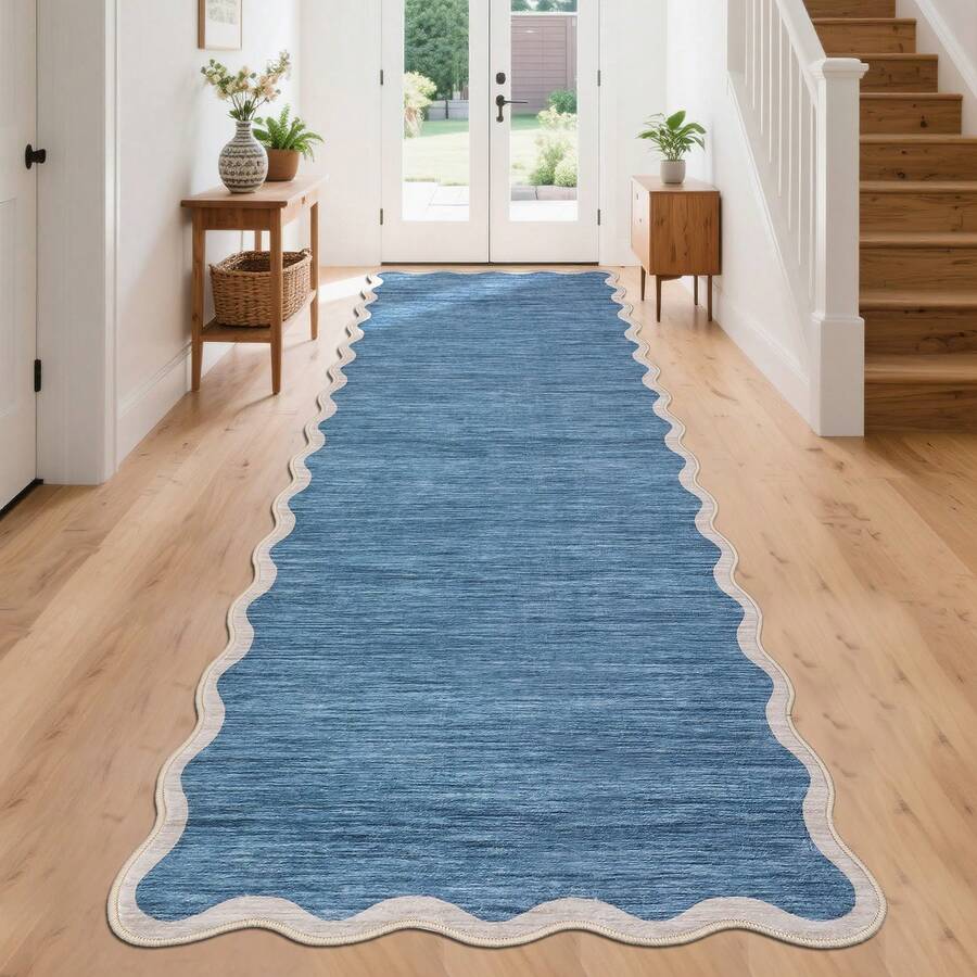 1Pcs Room Decor Modern Washable Scalloped Border Solid Blue Area Rug For Living Room Indoor Bedroom Foldable Floor Mats, Soft Low Pile Non Shedding Carpets For Offices Non-Slip Runner For Hallway Dorm - 灰藍色 - 查看 1