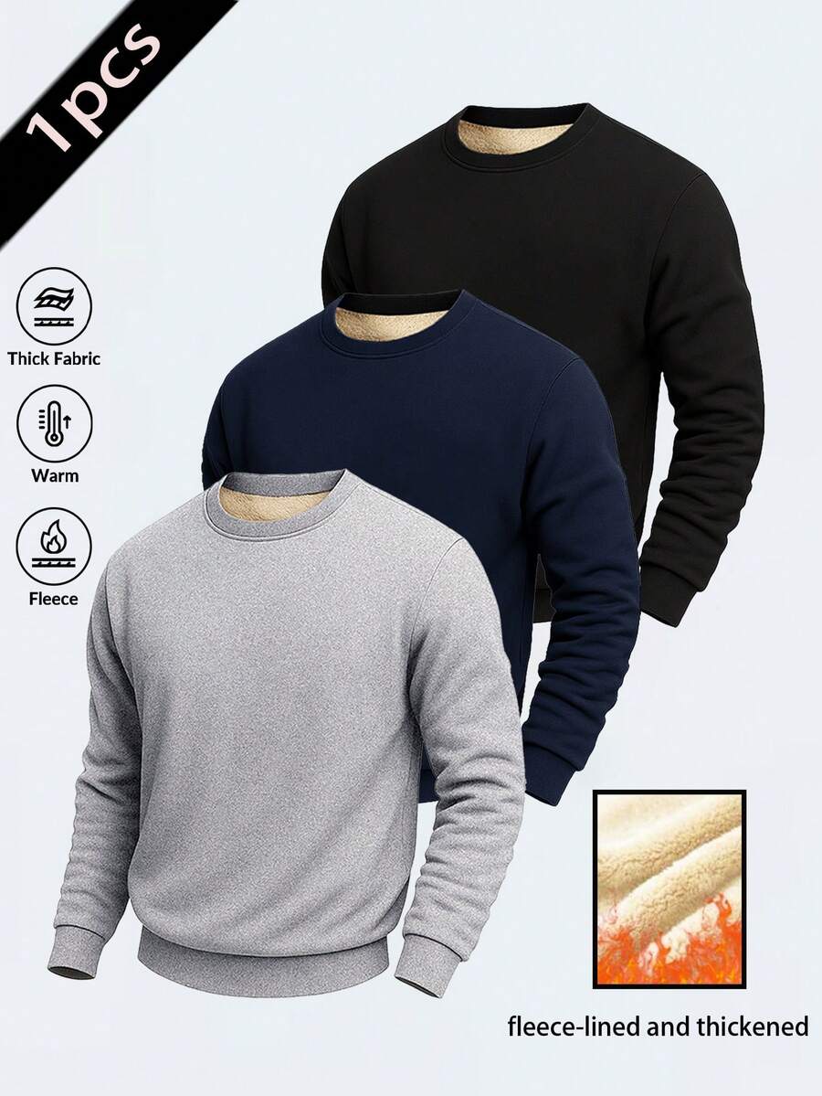 男士休闲保暖圆领卫衣，秋冬季 - 灰色 - 查看 1