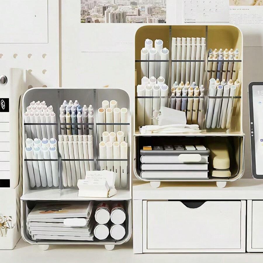 1pc Desktop Slanted Pen Holder, Student Desk Stationery Storage Box, Multi-Functional Home Student Desktop Organizer, Pen Jar - Multicolor - View 1