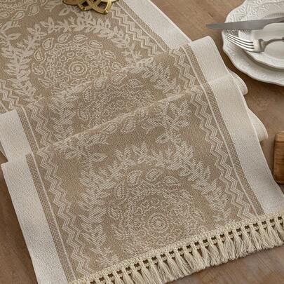 1pc Waterproof Table Runner With Tassel Fringe, Suitable For Home Decor, Wedding, Restaurant, Living Room