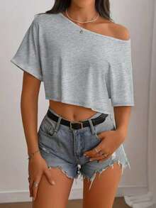 AuroraSilk Women's Off-Shoulder Cropped Top, Polyester Blend Off-Shoulder Cropped Tee Shirt - Casual Style, Machine Washable, Solid Color, Suitable For All Seasons - Grey - View 9