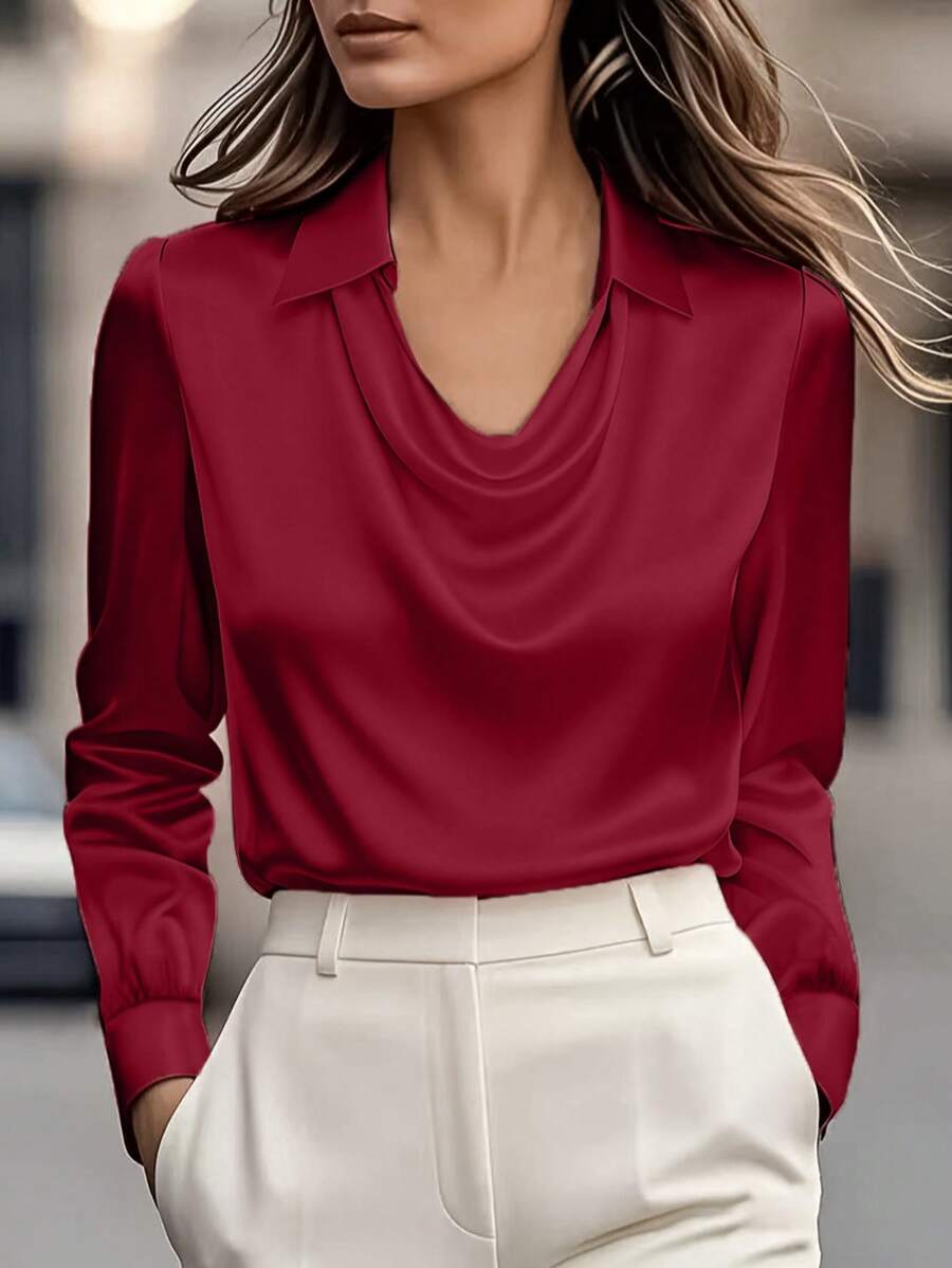 Elegant White Satin Drape Collar T-Shirt - 100% Polyester, Machine Washable, Suitable For Casual And Professional Wear, Comfortable All Season