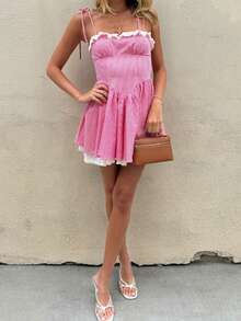 Women Plaid Mini Cami Dress Slim Ruffle Trim Tie-Up Spaghetti Strap A-Line Dress For Daily Party - 粉色 - View 5
