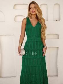 Women's Midi Dress, Knit, Summer, Crochet, Ruffles, Party, Beach, Elegant, Christmas, New Year's Eve, Premium - 綠旗 - 查看 5