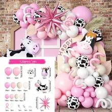 129 piezas Conjunto de arco y guirnalda de globos de granja, incluye globos de aluminio con diseños de vaca y estrella explosiva, así como globos de látex en rosa, blanco, blanco arena y patrones de vaca. Es perfecto para fiestas de cumpleaños, baby showers, fiestas de primer cumpleaños, fiestas al aire suministros para fiestas con temática de granja de dibujos animados. - Multicolor - Ver 5