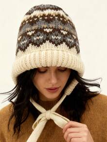 1件装女士波西米亚风保暖耳罩帽，秋冬季户外旅行骑行针织加厚绒面保暖无檐帽，二合一帽子可作包包使用，针织设计保暖耳罩，撞色日常穿搭波西米亚风针织帽 - 彩色 - 查看 2