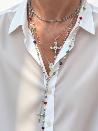 4件套复古波西米亚风彩色仿宝石十字架吊坠Y型项链套装，适合女性日常佩戴、派对、约会，可叠戴，是四季皆宜的完美礼物之选。