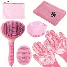 6pcs Dog Bath Brush Kit With Towel & Washing Gloves, Slicker Hair Grooming Brush For Shedding, Shampoo Scrubber For Dogs And Cats - Pink - View 6
