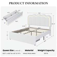 SHA CERLIN Twin/Full/Queen Upholstered Size Bed Frame With LED Lights, Adjustable Velvet Headboard With Wavy Design, Noise Free, Wooden Slats Platform Bed, Easy Assembly, No Box Spring Needed, White - 查看 11