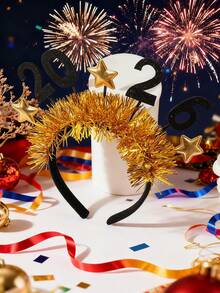 1 szt. Czarna, brokatowa, złota folia, gwiazda, 2026, popularna opaska na głowę na imprezę sylwestrową