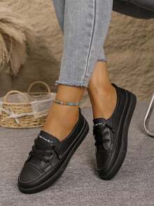 Women's White Classic Versatile Round Toe Slip-On Casual Lace-Up Soft Comfortable Flat Outdoor Sports Casual Sneakers, Simple Shoe Upper, Smooth Lines, Overall Clean And Neat. Suitable For Spring, Summer, Autumn, Daily Outings, Campus, Holidays, Street Fashion Matching - màu đen - Xem 3