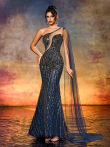 Váy dạ hội đính cườm sequin một bên vai thanh lịch với dây đeo dài bồng bềnh thích hợp cho các buổi lễ trao giải, tiệc tối trang trọng, v.v. - Màu xanh hải quân - Xem 3
