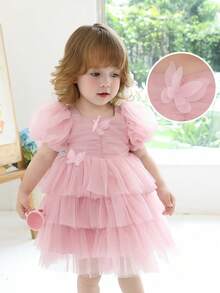 Baby Girls' Pink 3D Butterfly Tulle Puff Sleeve Elegant Party Princess Dress, Suitable For 1st Birthday Gift, Wedding Flower Girl, Banquet, Prom, Holiday Celebration - Pink - View 5