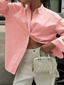 Look Polly 女士条纹长袖衬衫，单排扣休闲时尚款，秋季新款，带口袋设计，返校季复古风条纹衬衫，圣诞节冬季服装 - 櫻花粉 - 查看 10