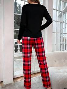 بيجامة نسائية مكونة من ملابس علوية بأكمام طويلة وجيب وبنطال مربعات، ملابس نوم للخريف والشتاء - الأسود - مشاهدة 7