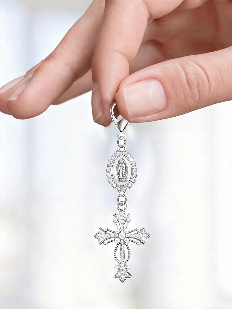 Christian Cross Keychain With Religious Love And Rhinestone Cross, Decorated With Virgin Mary Pendant, Pearls And Diamond Charm - Cross Keychain, Packaging Decor, Cross Pendant, Decorative Wallet Backpack Accessories, Earphone Case Accessories, Luggage And Car Keyring Decor - Single Accessory With Pearls, Diamonds And Romantic Elements, Suitable As Decorative Pendant Gift For Jesus Believers, Mother's Day, Teacher's Day, Valentine's Day - Multicolor - View 6