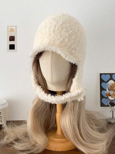 女士白色毛绒飞行员帽，加厚保暖护耳设计，适合极寒天气，可用于骑行、滑雪等户外活动，可爱针织护耳飞行员帽，冬季白色保暖毛绒帽