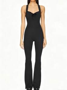Women's Lace-Up Front Cross Back Rompers Flare Deep V Neck Sleeveless Jumpsuit Y2K Party Clubwear - 黑色 - 查看 1