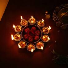 Diya Shape Flower Decorative Urli Bowl For Home Handcrafted Bowl For Floating Flowers And Tea Light Candles HomeOffice And Table Decor Diwali Decoration Items For Home 14 Inches (Design 3) - BrassPolish - View 2