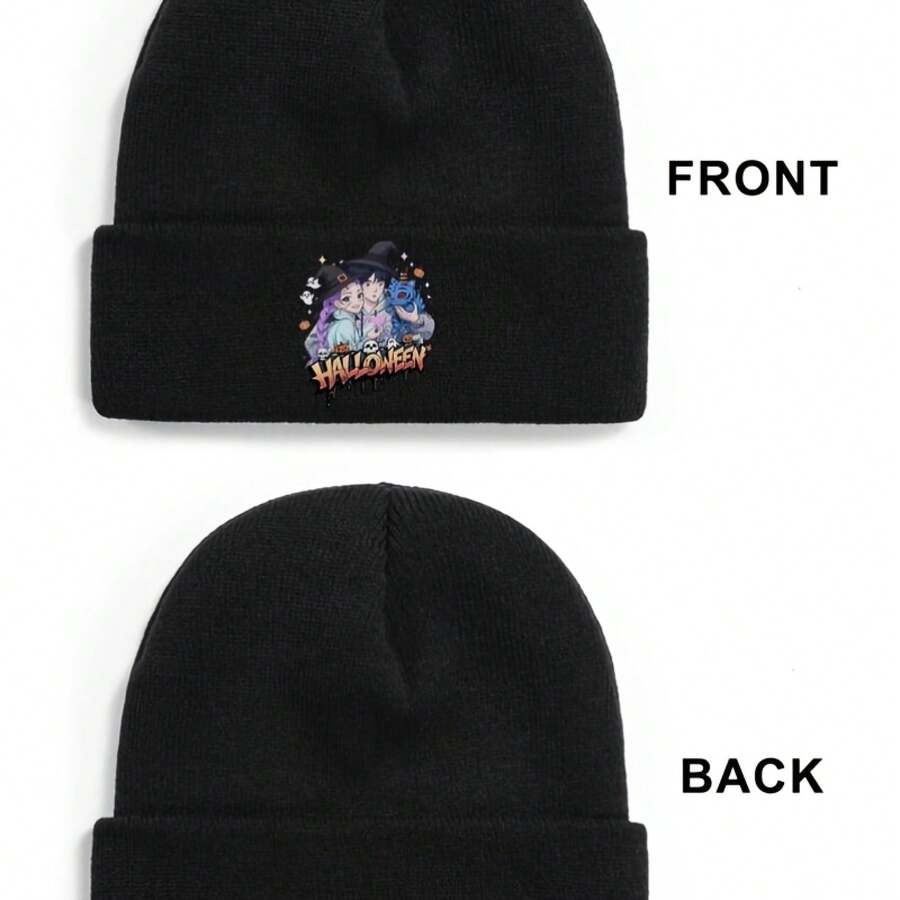 Halloween Witch Cat Magic Party Knitted Hat - Unisex Snug Fit Lightweight Acrylic Beanie With Witches, Bats & Cauldrons Graphic, Machine Washable & Orange Design For Teens & Adults, Casual & Themed Events (Halloween Costume Accessory) - Heather Grey - View 1