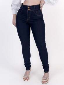 Women's Jeans With Double Button, Lots Of Lycra, Premium Denim, High Waist, Elastic Waistband, Butt-Lifting Effect. - 深色水洗藍 - 查看 3